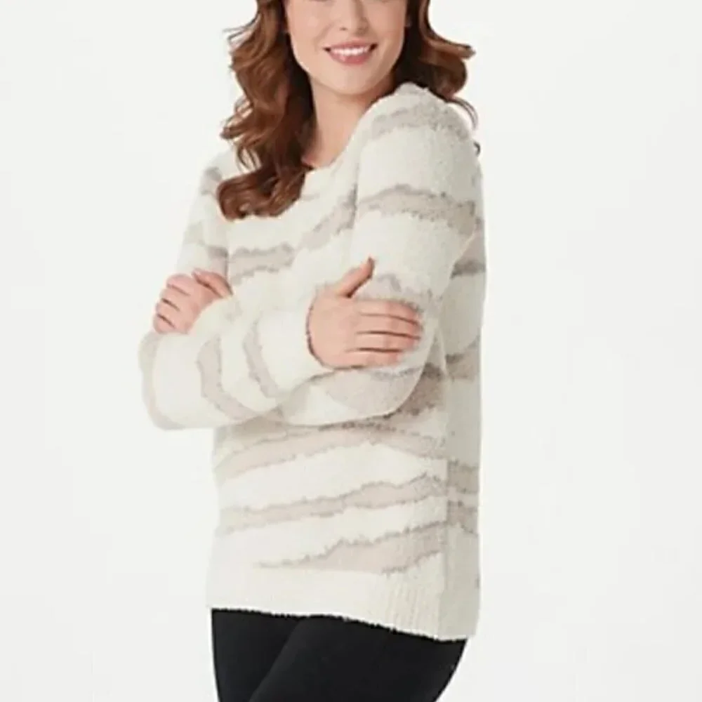 Barefoot Dreams CozyChic Seaside CrewNeck Pullover Sweater Cream Zebra Ivory - Picture 10 of 10